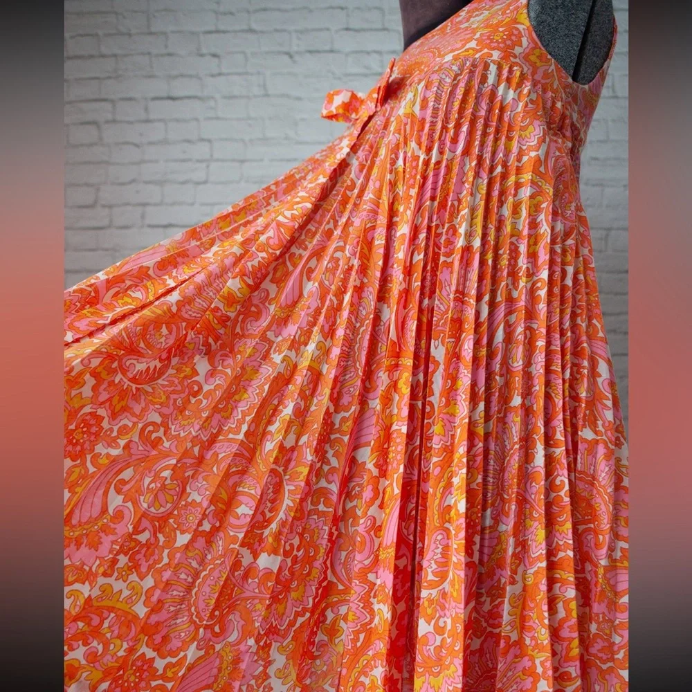 Vintage 60s 70s Paisley Pleated Dress - Picture 3 of 7